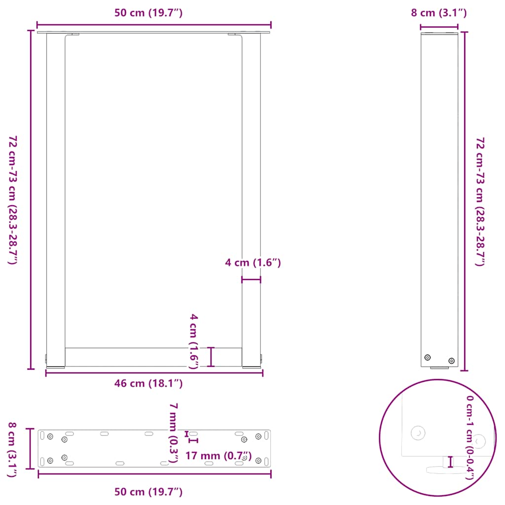 vidaXL Πόδια Τραπεζαρίας σε Σχήμα U 2 τεμ. Λευκά 50x(72-73) εκ. Ατσάλι