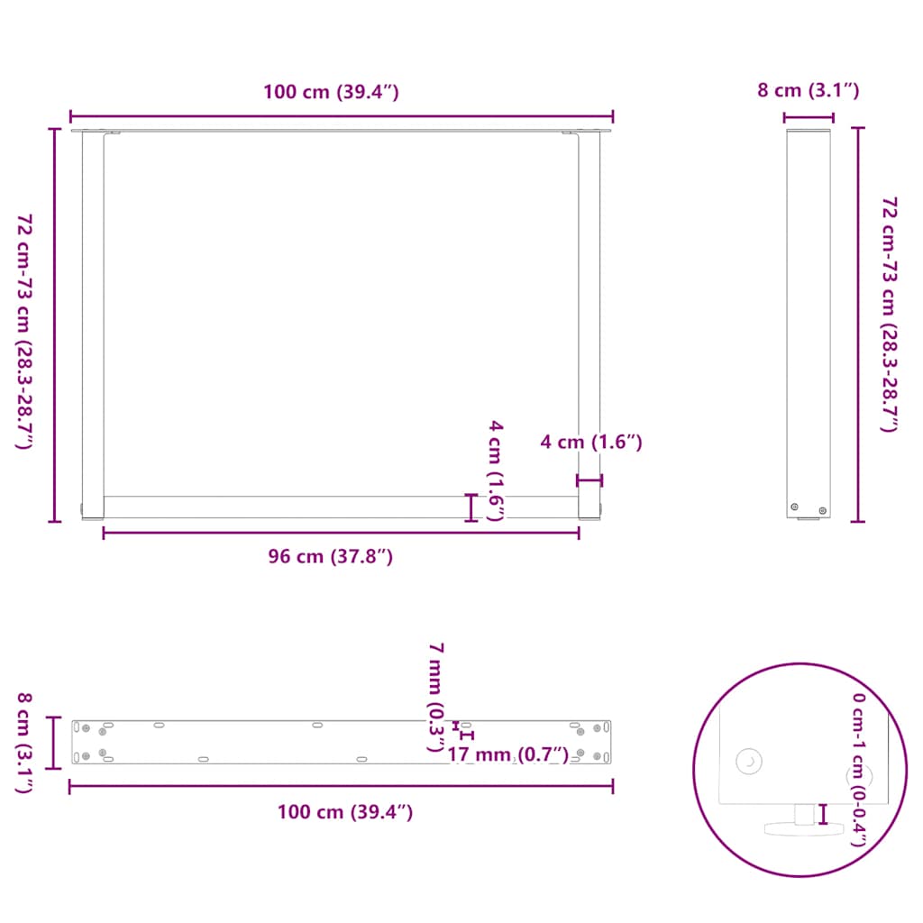 vidaXL Πόδια Τραπεζαρίας σε Σχήμα U 2 τεμ. Μαύρο 100x(72-73) εκ. Ατσάλι
