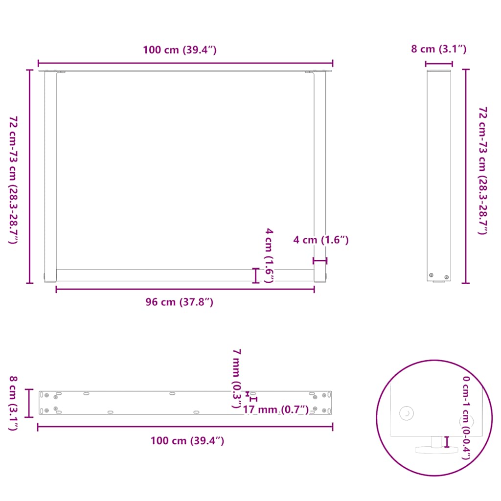 vidaXL Πόδια Τραπεζαρίας σε Σχήμα U 2 τεμ. Λευκά 100x(72-73) εκ. Ατσάλι
