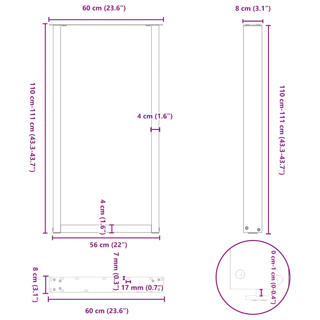 vidaXL Πόδια Τραπεζιού Μπαρ σε Σχήμα U 2 τεμ. Μαύρο 60x (110-111) εκ. Ατσάλι
