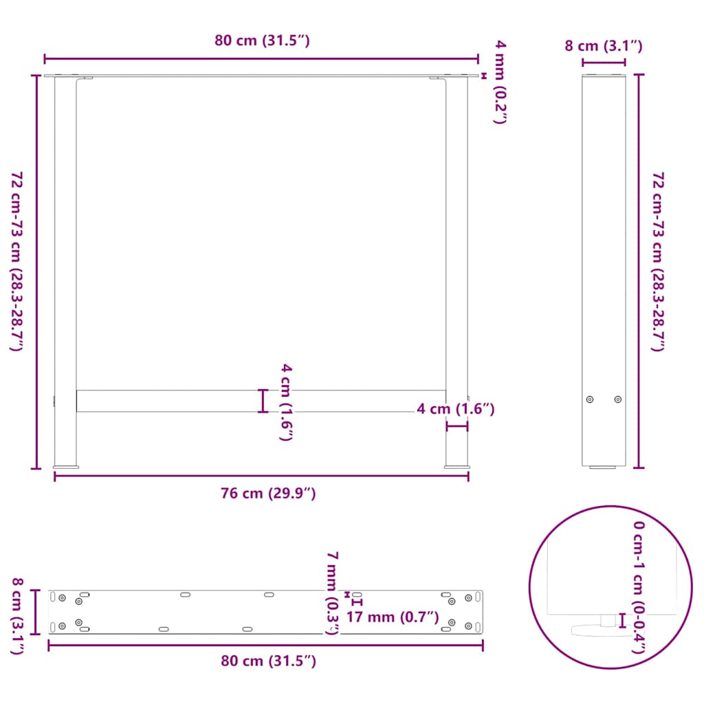 vidaXL Πόδια Τραπεζαρίας 2 τεμ. Μαύρα 80x(72-73) εκ. Ατσάλι
