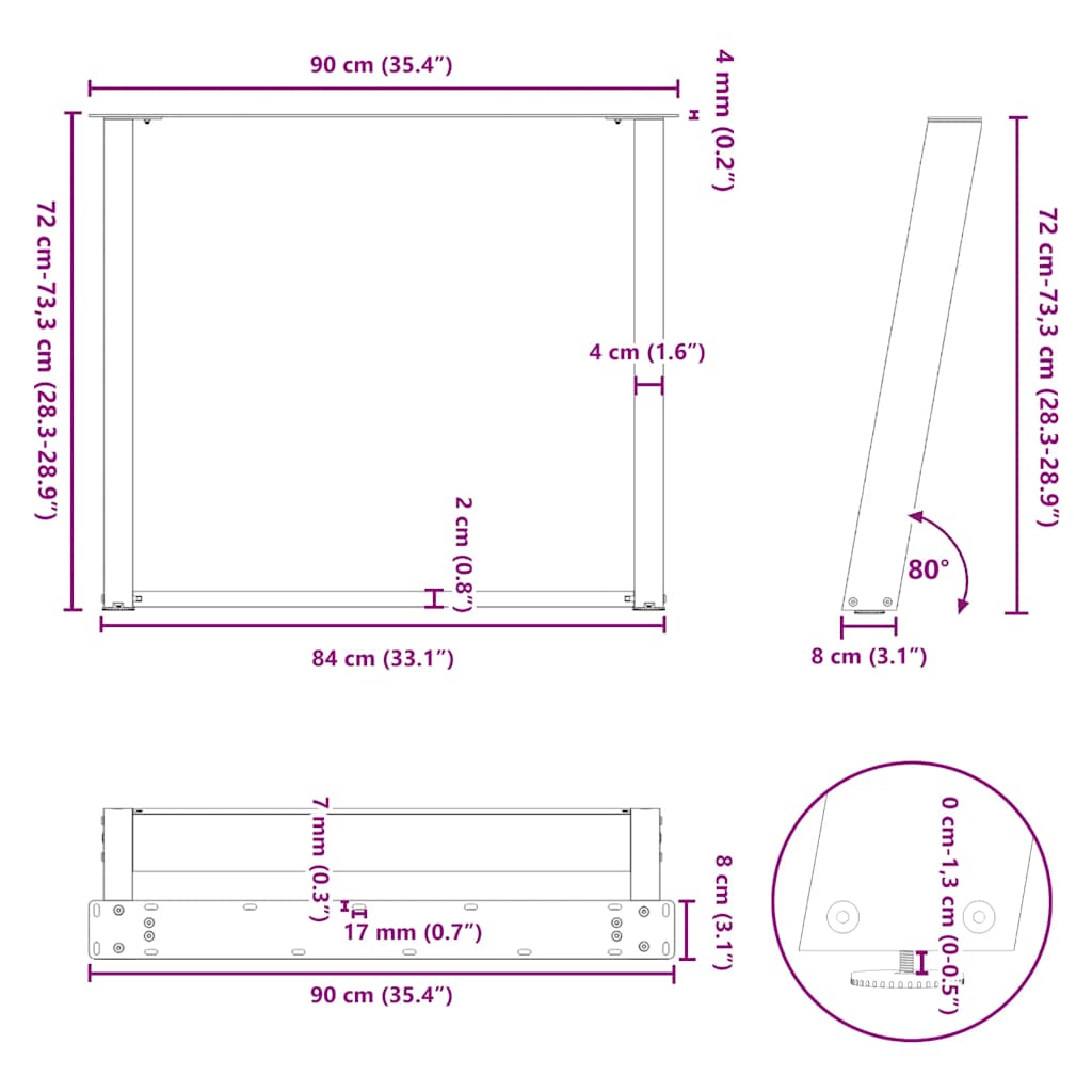 vidaXL Πόδια Τραπεζαρίας σε Σχήμα U 2 τεμ. Ανθρακί 90x(72-73) εκ. Ατσάλι
