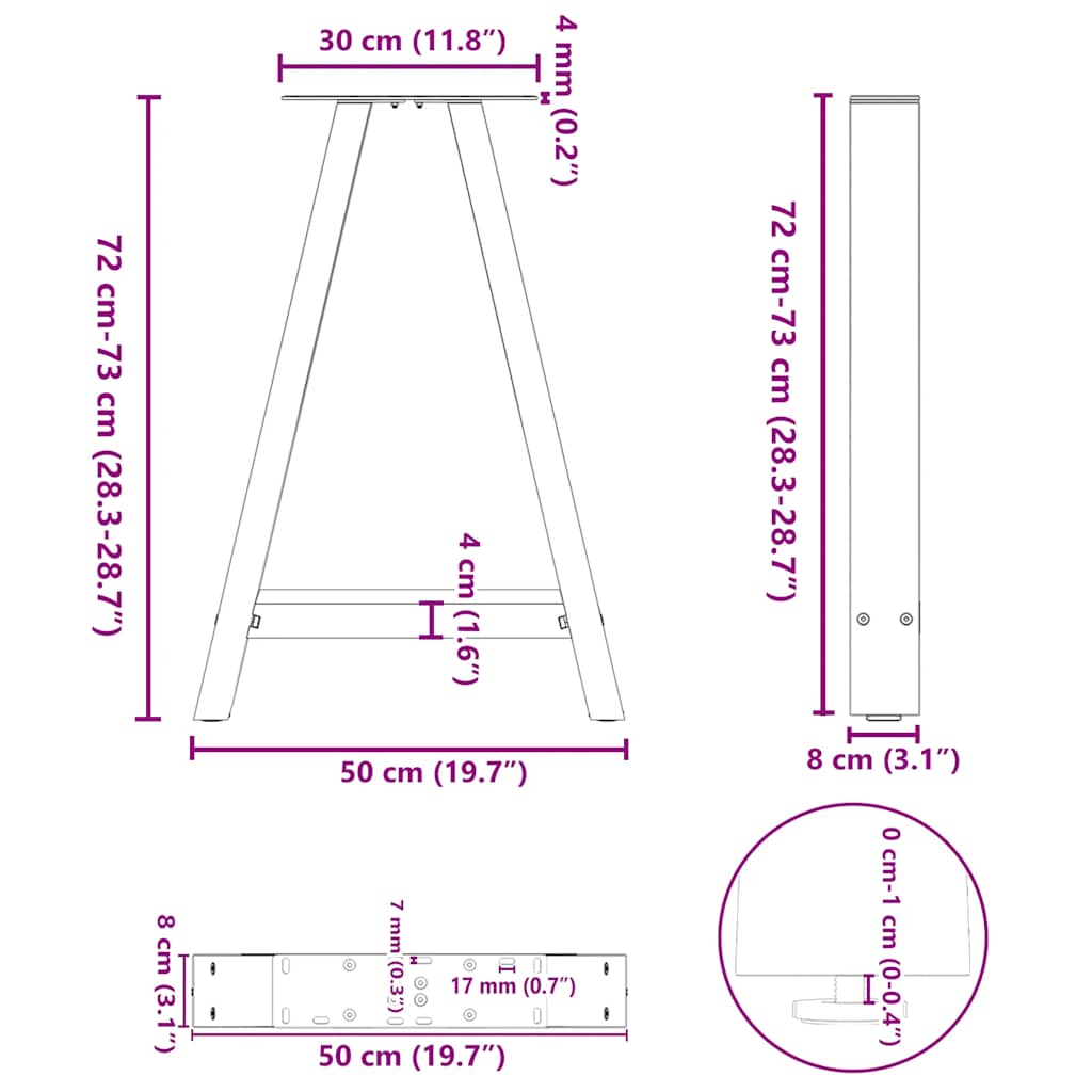 vidaXL Πόδια Τραπεζαρίας σε Σχήμα Α, 2 τεμ. Λευκά 50x(72-73) εκ. Ατσάλι