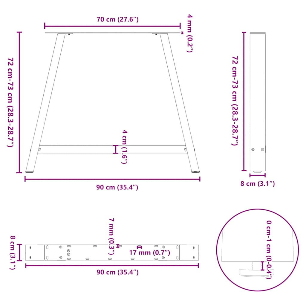 vidaXL Πόδια Τραπεζαρίας σε Σχήμα Α, 2 τεμ. Λευκά 90x(72-73) εκ. Ατσάλι