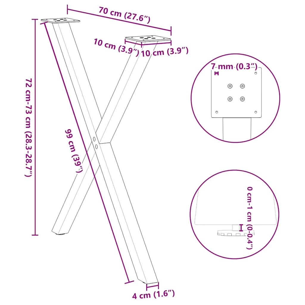 vidaXL Πόδια Τραπεζαρίας σε Σχήμα Χ, 2 τεμ. Μαύρο, 70x(72-73) εκ. Ατσάλι