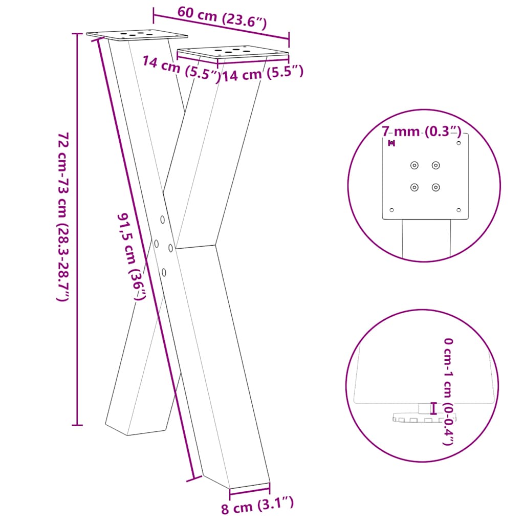 vidaXL Πόδια Τραπεζαρίας σε Σχήμα Χ, 2 τεμ. Λευκά 60x(72-73) εκ. Ατσάλι