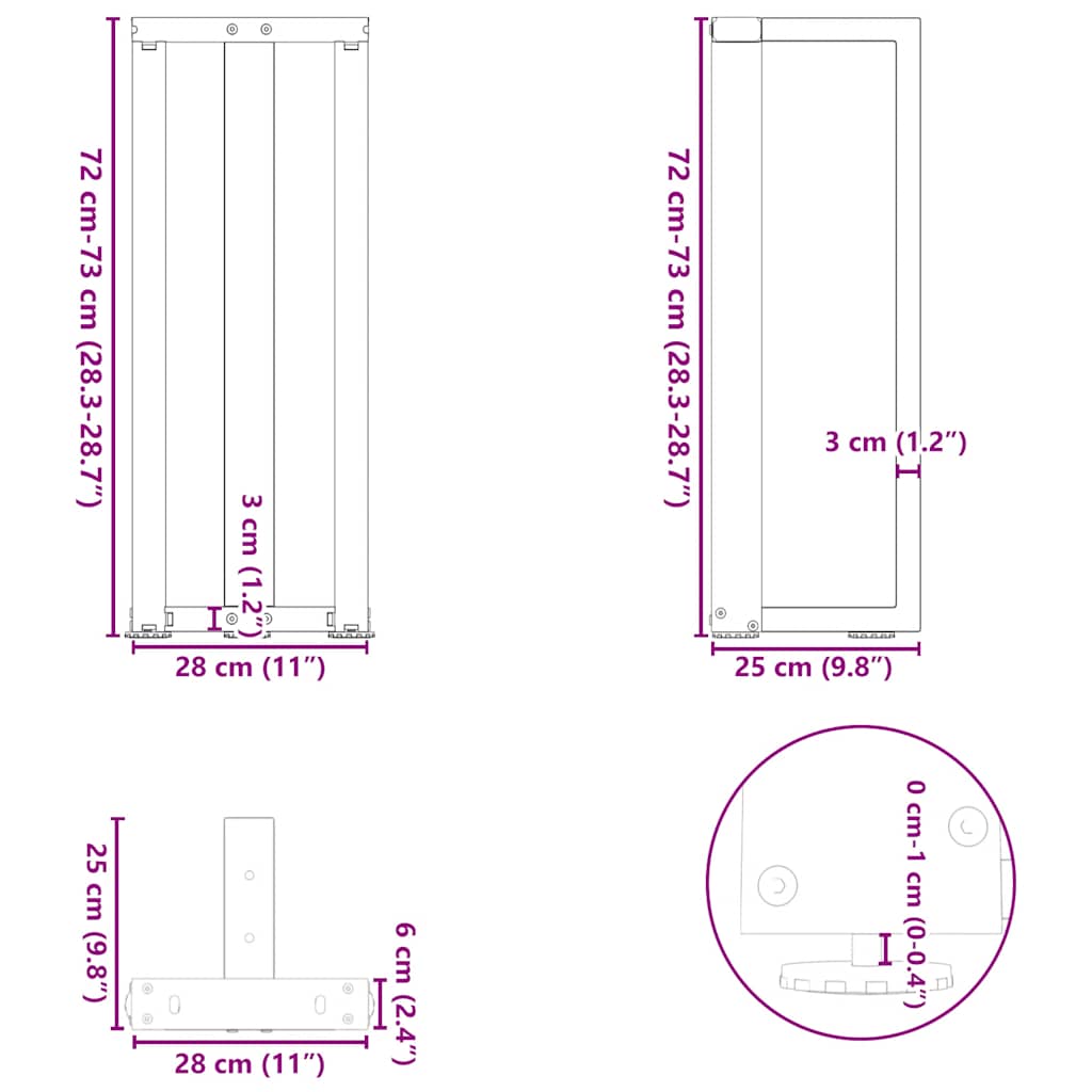 vidaXL Πόδια Κονσόλας σε Σχήμα Τ, 2 τεμ. Μαύρο 25x28x(72-73) εκ. Ατσάλι