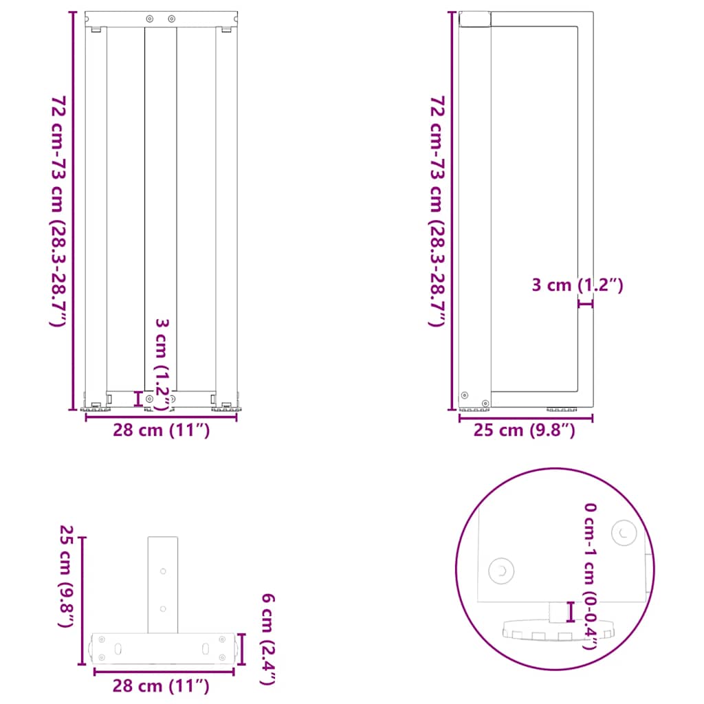 vidaXL Πόδια Κονσόλας σε Σχήμα Τ, 2 τεμ. Ανθρακί 25x28x(72-73) εκ. Ατσάλι