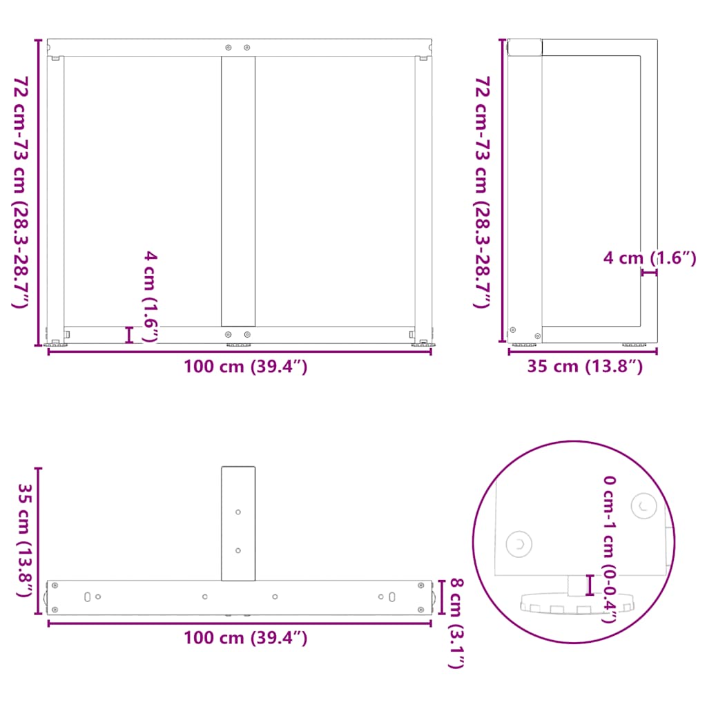 vidaXL Πόδια Τραπεζαρίας σε Σχήμα Τ, 2 τεμ. Μαύρο 100x35x(72-73) εκ. Ατσάλι