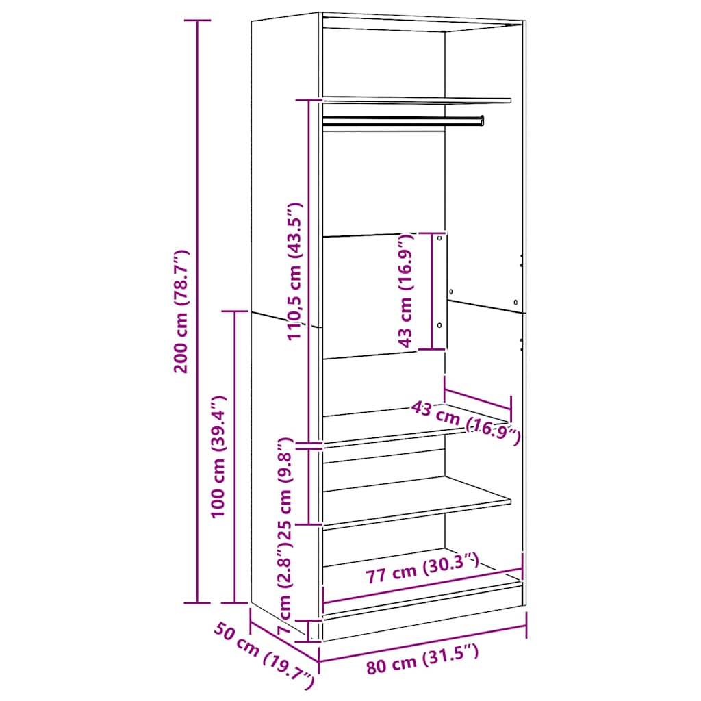 vidaXL Ντουλάπα Αρτισιανή Δρυς 80x50x200εκ από Επεξεργασμένο Ξύλο