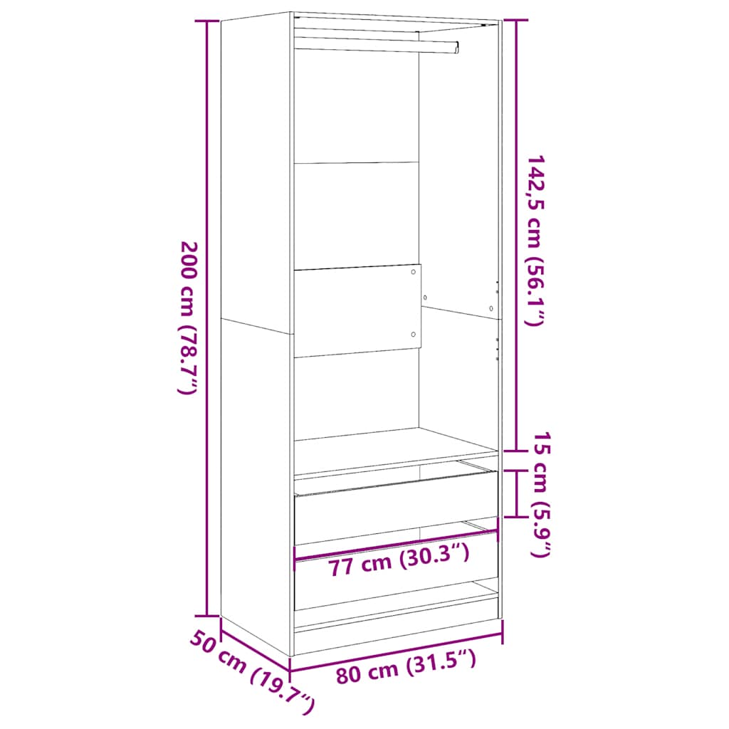 vidaXL Ντουλάπα Γκρι του Σκυροδέματος 80x50x200 εκ. Επεξεργασμένο Ξύλο