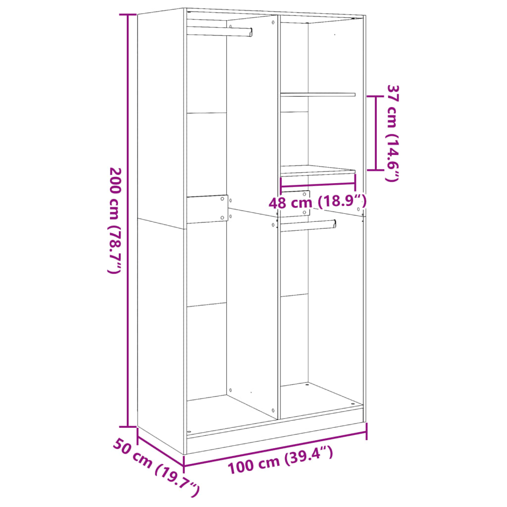 vidaXL Ντουλάπα Μαύρη 100x50x200 εκ. από Επεξεργασμένο Ξύλο