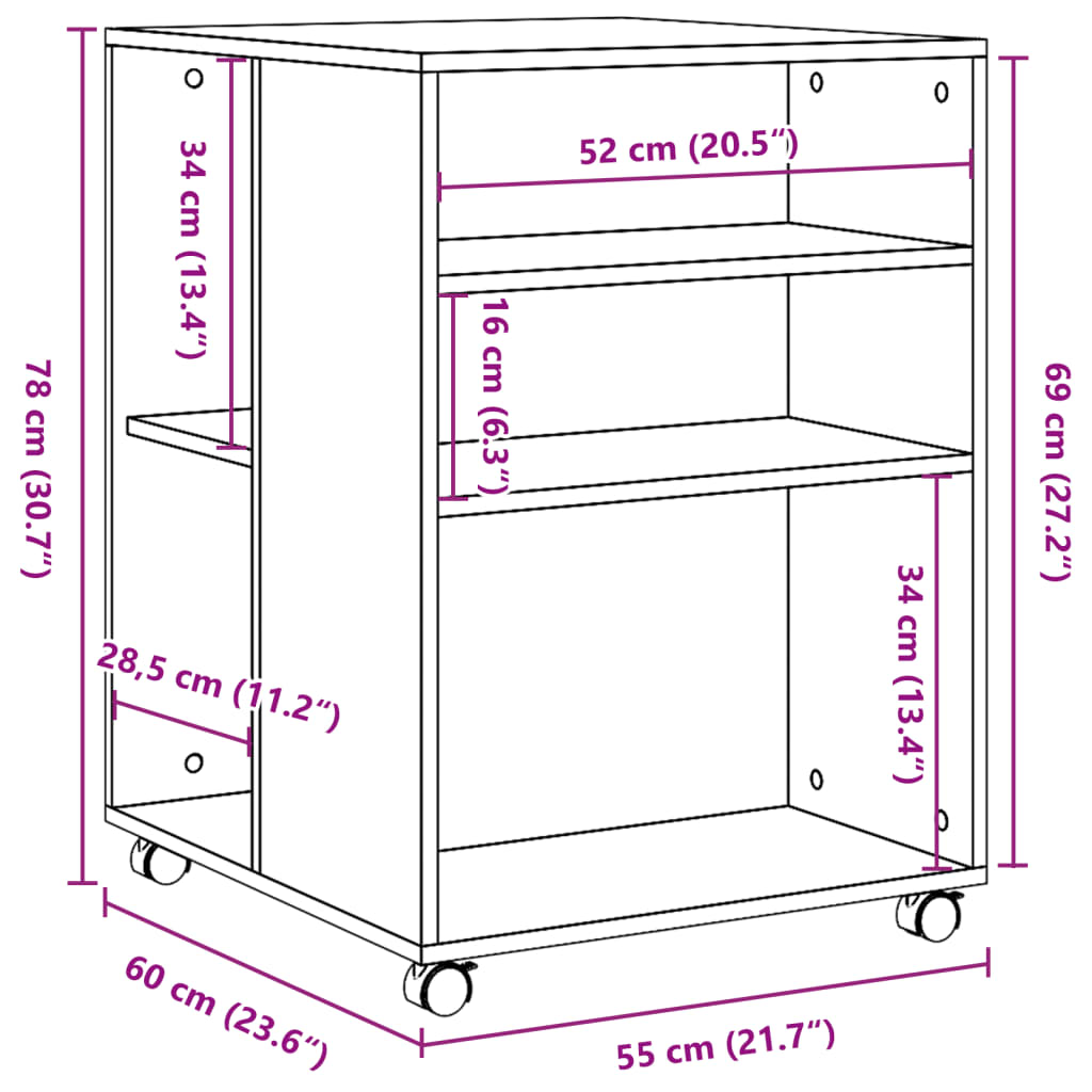 vidaXL Βοηθητικό Τραπέζι με Ρόδες Γκρι Sonoma 55x60x78 εκ Επεξ. Ξύλο