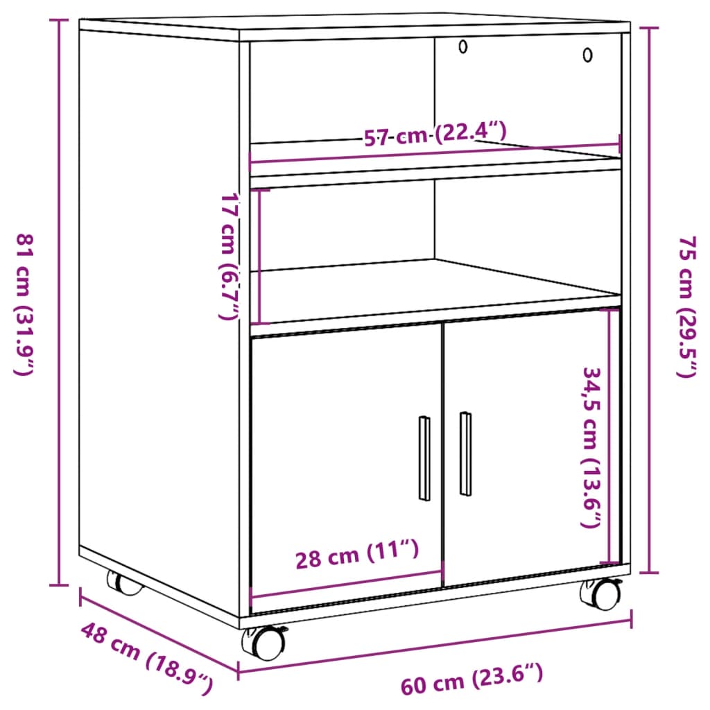 vidaXL Ντουλάπι Τροχήλατο Γκρι Σκυρ. 60x48x81 εκ. από Επεξ. Ξύλο