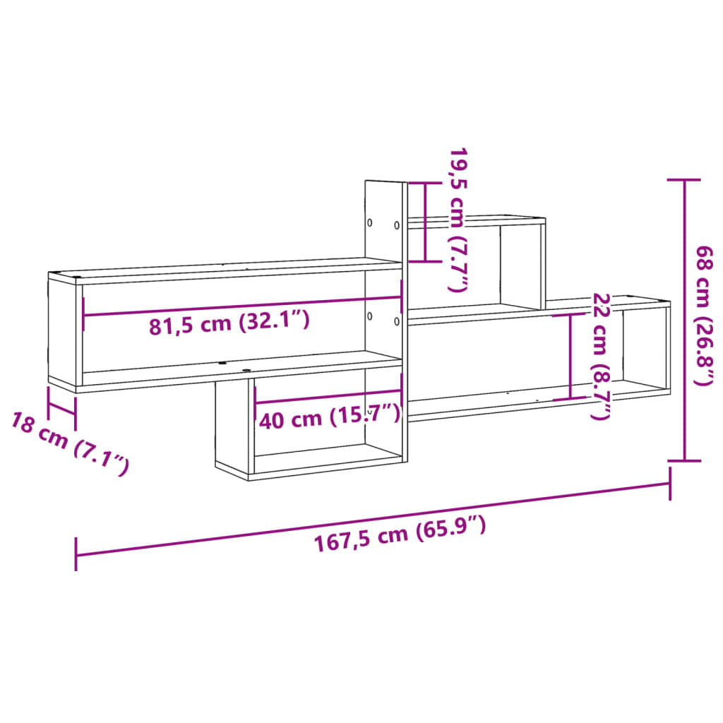 vidaXL Ραφιέρα Τοίχου Αρτισιανή Δρυς 167,5x18x68εκ. Επεξεργασμένο Ξύλο