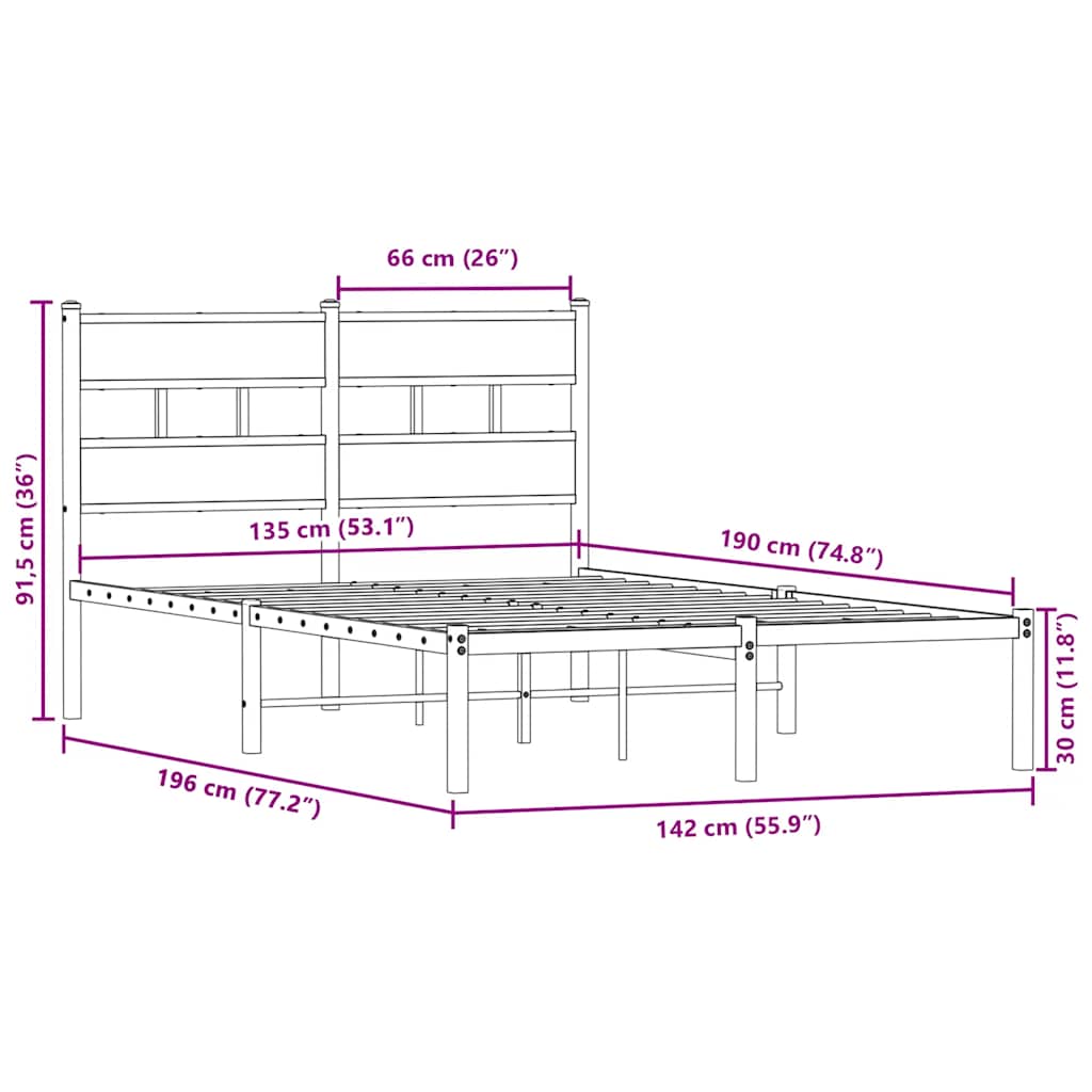 vidaXL Σκελετός Κρεβ. Χωρίς Στρώμα Sonoma Δρυς 135x190 εκ. Μεταλλικό
