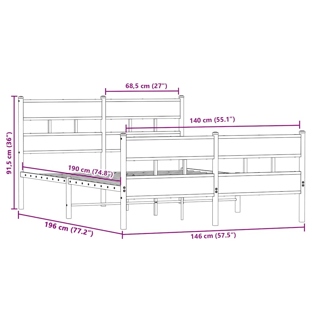vidaXL Σκελετός Κρεβ. Χωρίς Στρώμα Sonoma Δρυς 140x190 εκ. Μεταλλικό