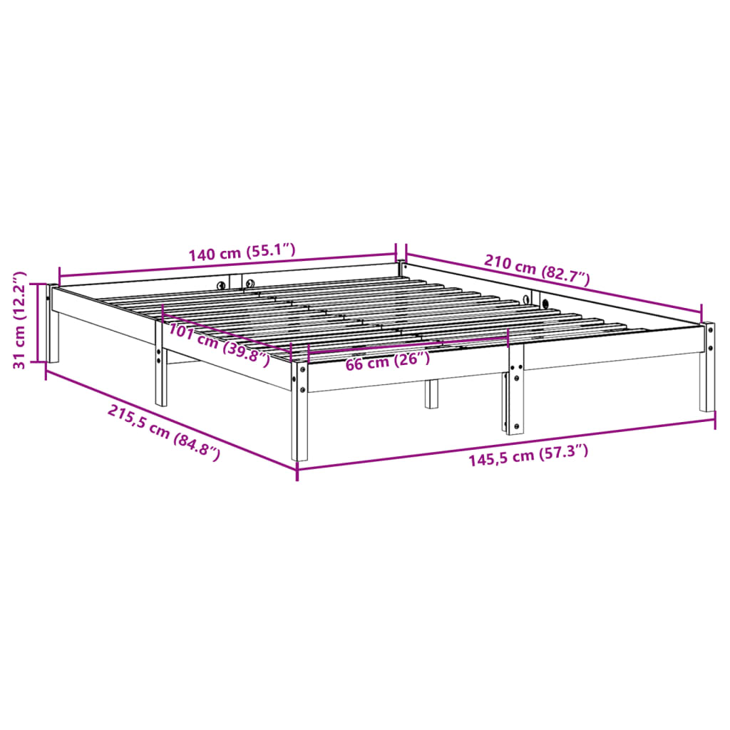 vidaXL Πλαίσιο Κρεβατιού Μακρύ Χωρίς Στρώμα 140x210 εκ Μασίφ Πεύκο