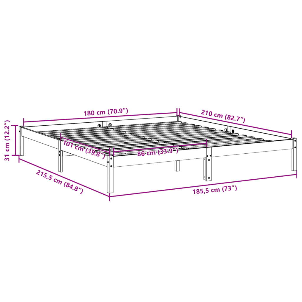 vidaXL Πλαίσιο Κρεβατιού Μακρύ Χωρίς Στρώμα 180x210 εκ Μασίφ Πεύκο