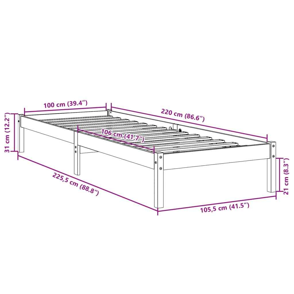 vidaXL Πλαίσιο Κρεβατιού Μακρύ Χωρίς Στρώμα 100x220 εκ Μασίφ Πεύκο