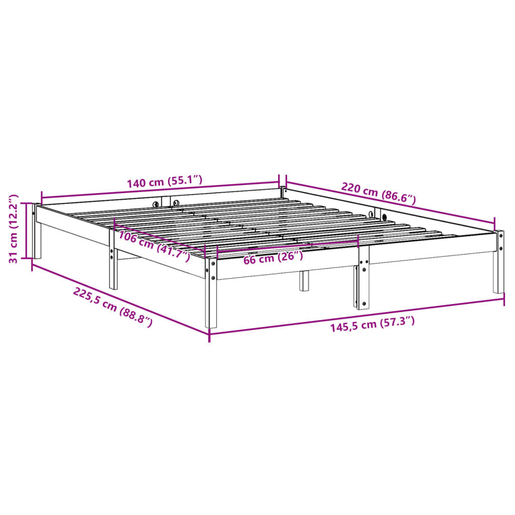 vidaXL Πλαίσιο Κρεβατιού Μακρύ Χωρίς Στρώμα 140x220 εκ Μασίφ Πεύκο