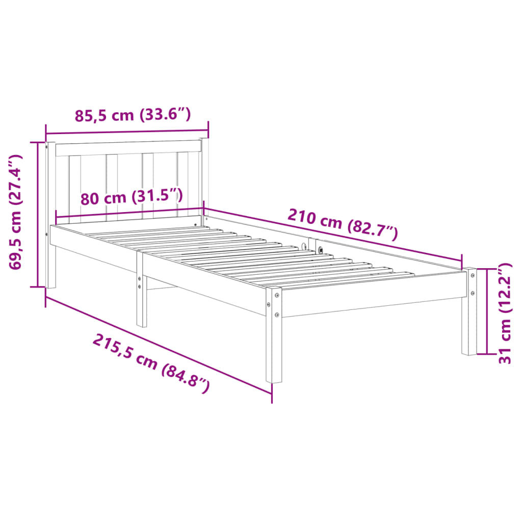 vidaXL Πλαίσιο Κρεβατιού Μακρύ Χωρίς Στρώμα 80x210 εκ Μασίφ Πεύκο