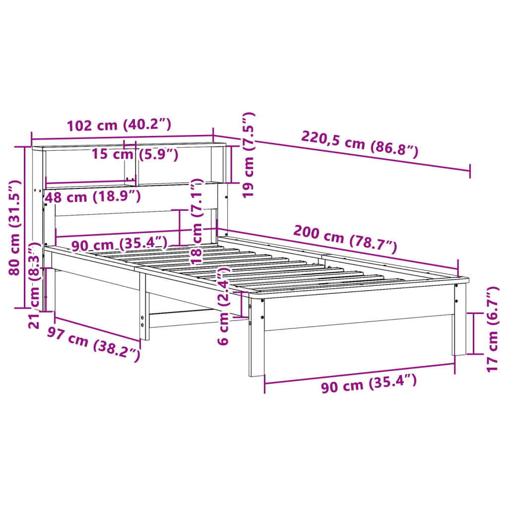 vidaXL Κρεβάτι Βιβλιοθήκη Χωρίς Στρώμα 90x200 εκ. Μασίφ Ξύλο Πεύκου