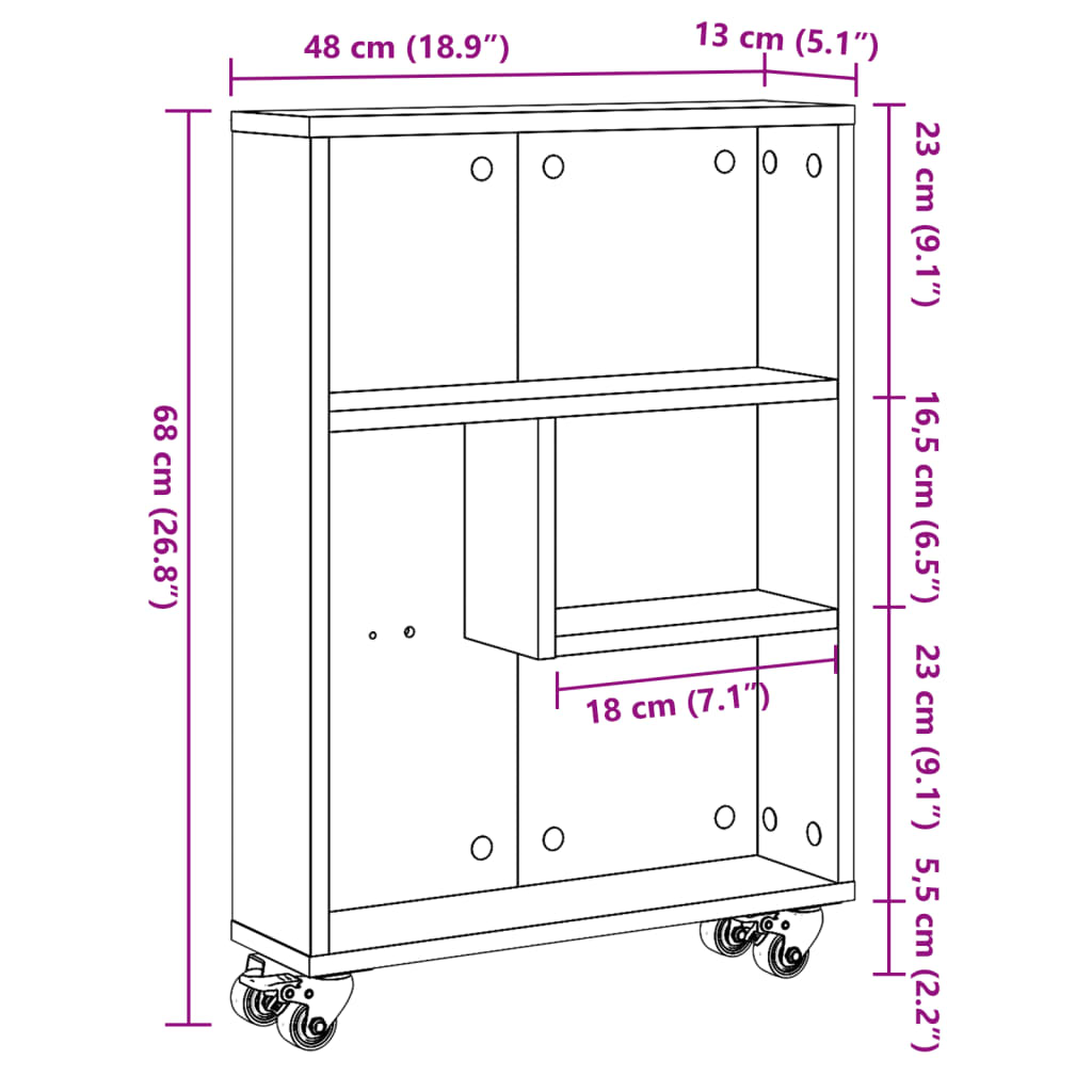 vidaXL Τρόλεϊ Αποθήκευσης Στενό Sonoma Δρυς 48x13x68 εκ. Επεξ. Ξύλο
