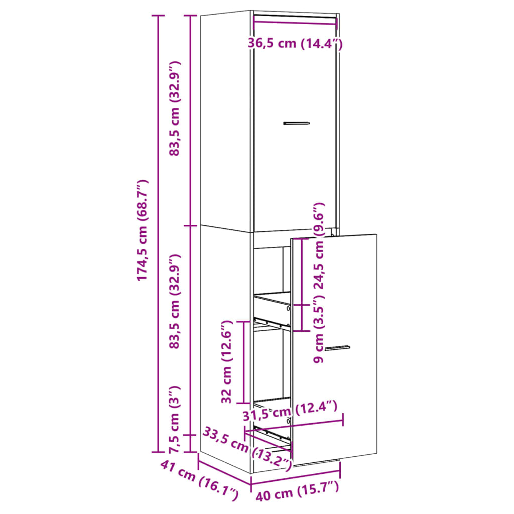 vidaXL Συρταριέρα Γενικής Χρήσης Γκρι Sonoma 40x41x174,5 εκ.Επεξ. Ξύλο