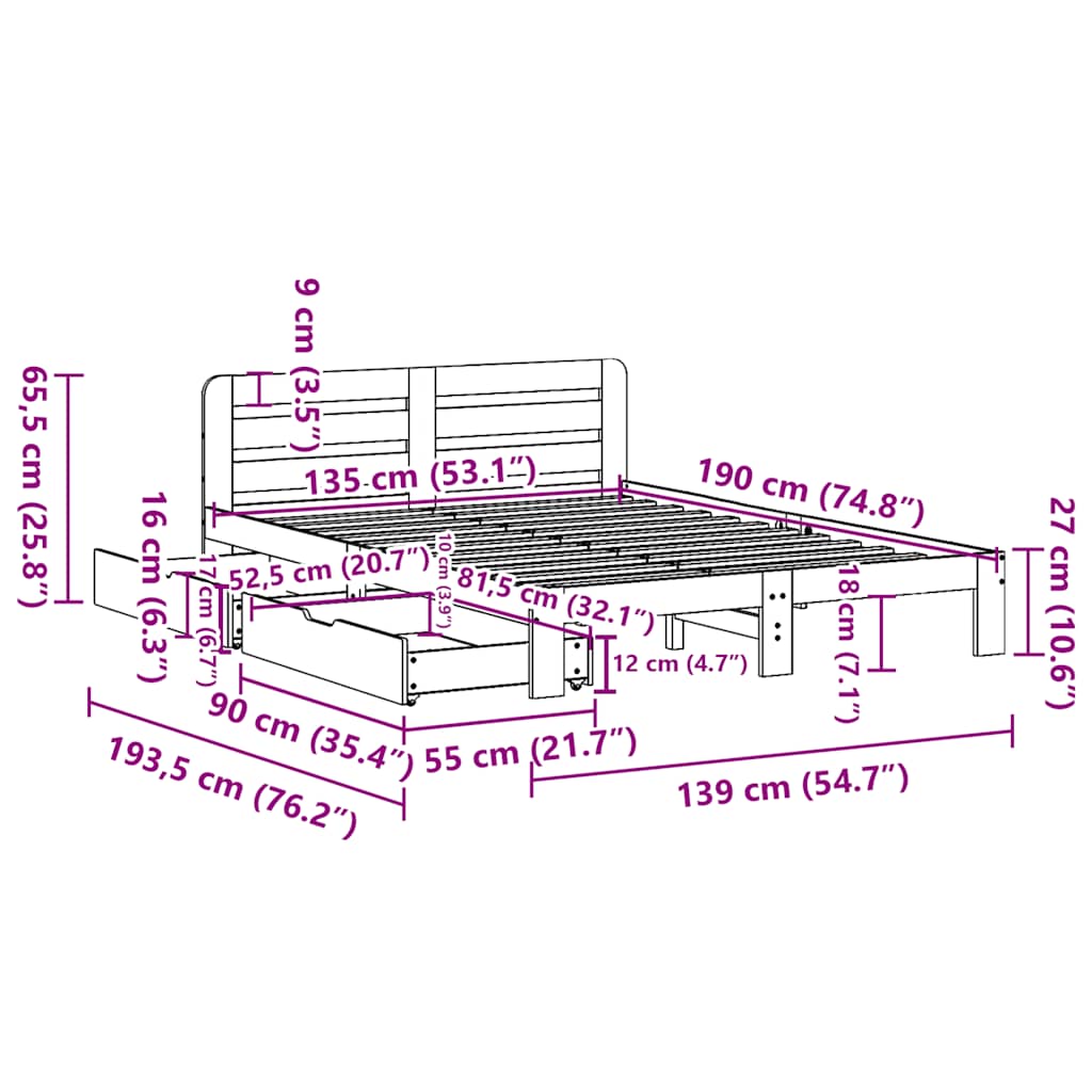 vidaXL Σκελετός Κρεβατιού Χωρίς Στρώμα 135x190 εκ Μασίφ Ξύλο Πεύκου