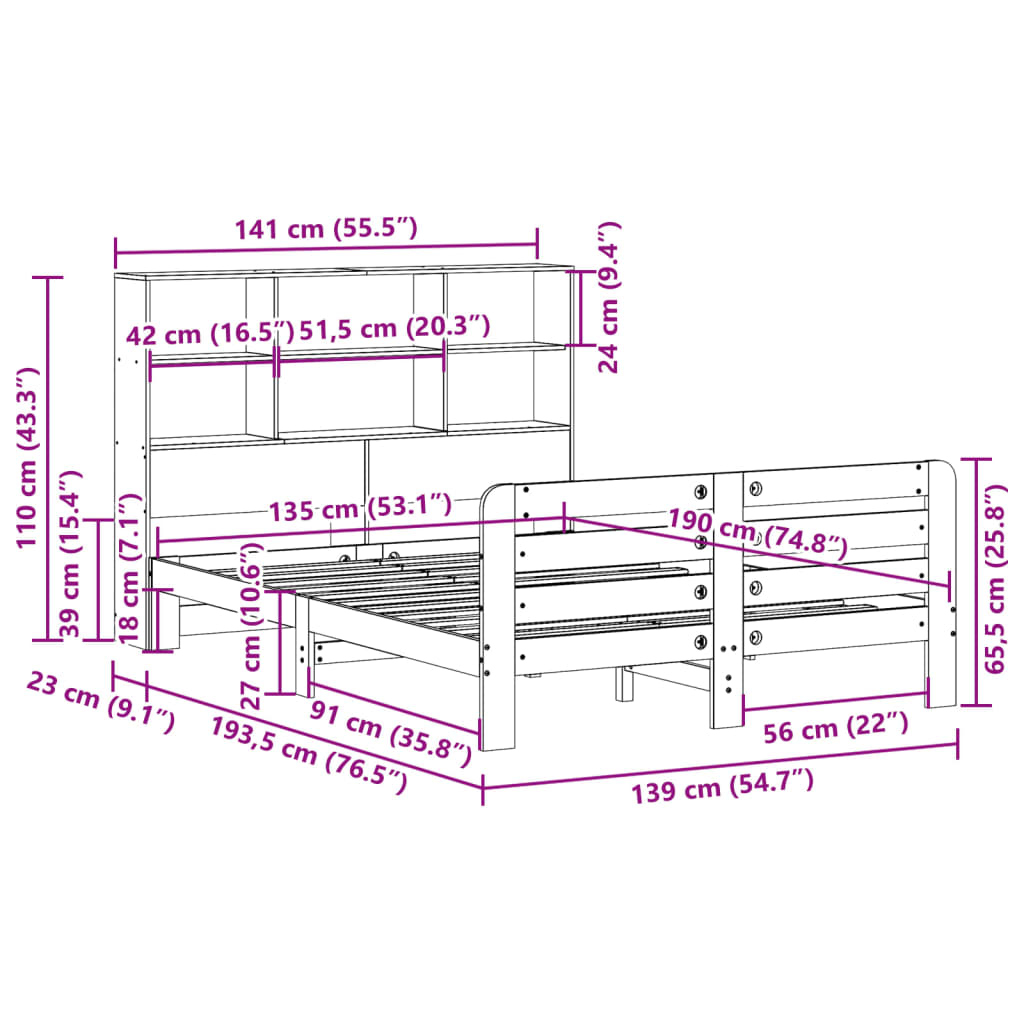 vidaXL Σκελετός Κρεβ. Χωρίς Στρώμα Καφέ Κεριού 135x190 εκ Μασίφ Πεύκο