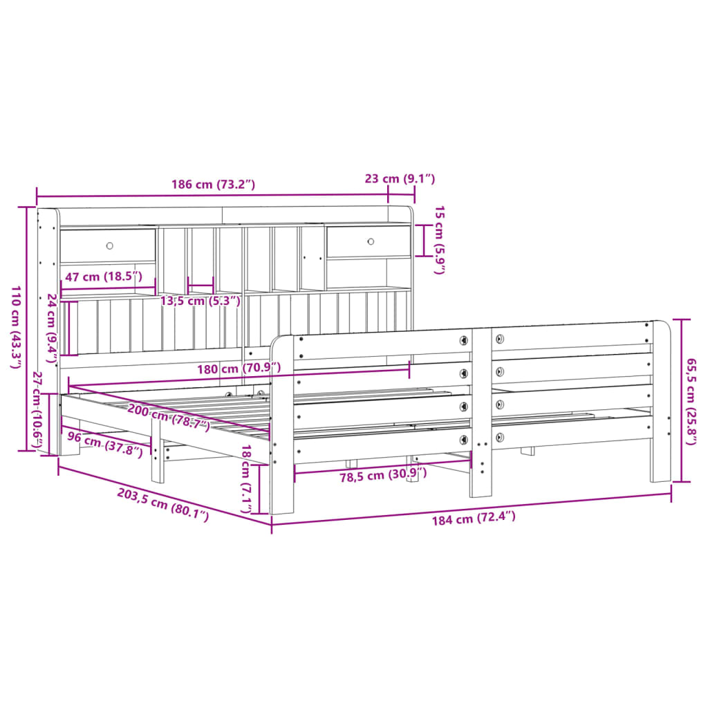 vidaXL Κρεβάτι Βιβλιοθήκη Χωρίς Στρώμα 180x200 εκ Μασίφ Ξύλο Πεύκου