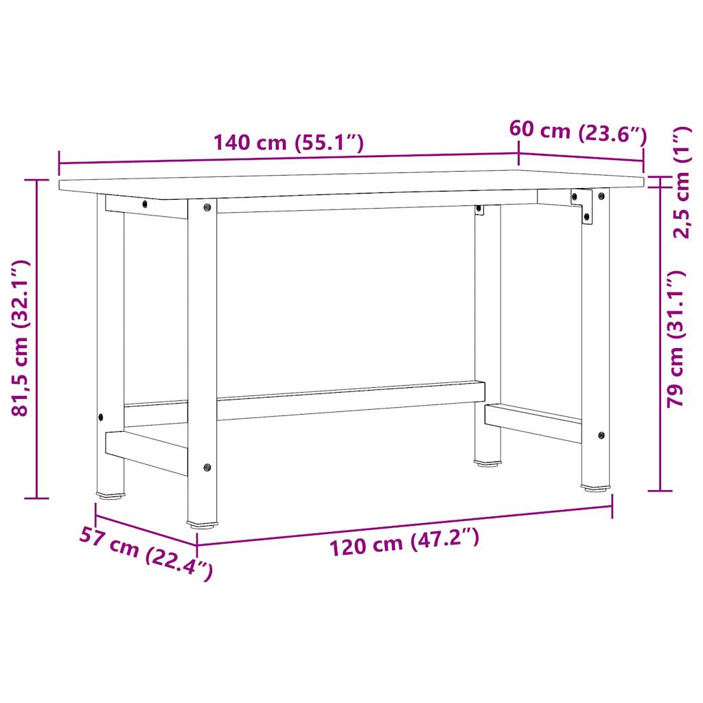 vidaXL Πάγκος Εργασίας Ανοιχτό Καφέ 140x60x81,5 cm Μασίφ Ξύλο Δρυς