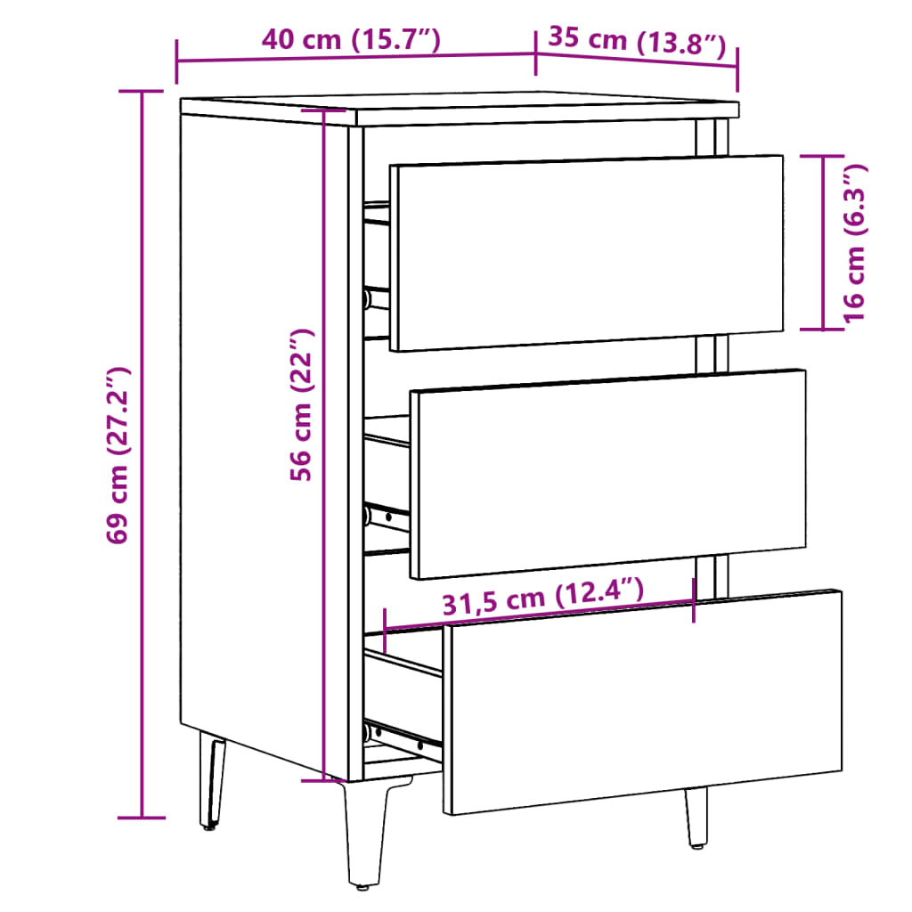 vidaXL Κομοδίνo Παλιό Ξύλο 40 x 35 x 69 εκ. με Μεταλλικά Πόδια