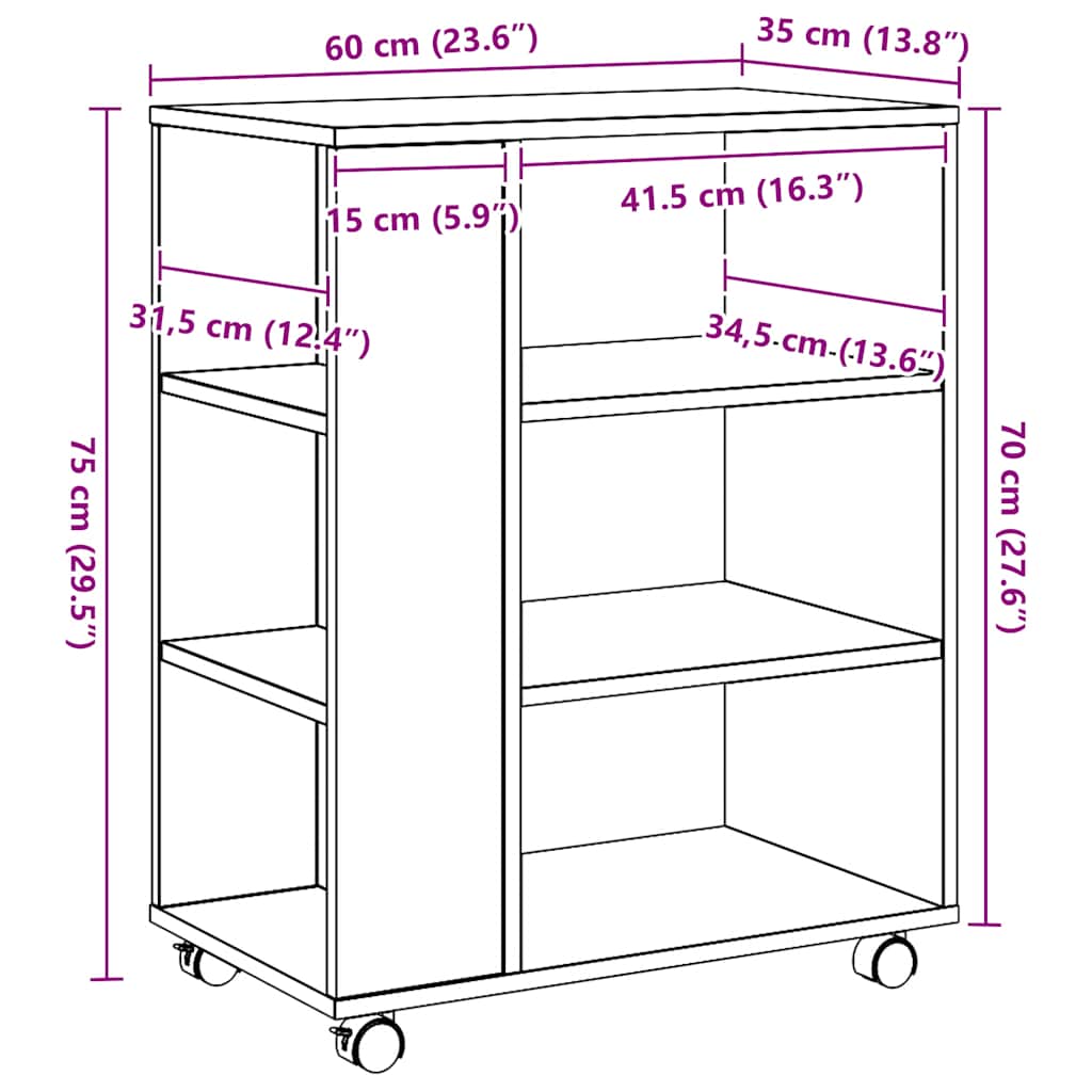 vidaXL Ντουλάπι Τροχήλατο Αρτισιανή Δρυς 60x35x75 εκ. Επεξεργ. Ξύλο
