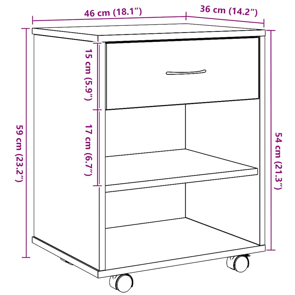 vidaXL Ντουλάπι Τροχήλατο Αρτισιανή Δρυς 46x36x59 εκ. Επεξεργ. Ξύλο
