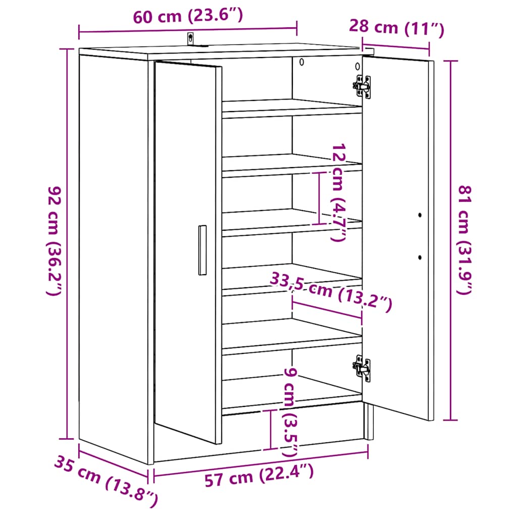 vidaXL Παπουτσοθήκη Αρτισιανή Δρυς 60x35x92 εκ. Επεξεργασμένο Ξύλο