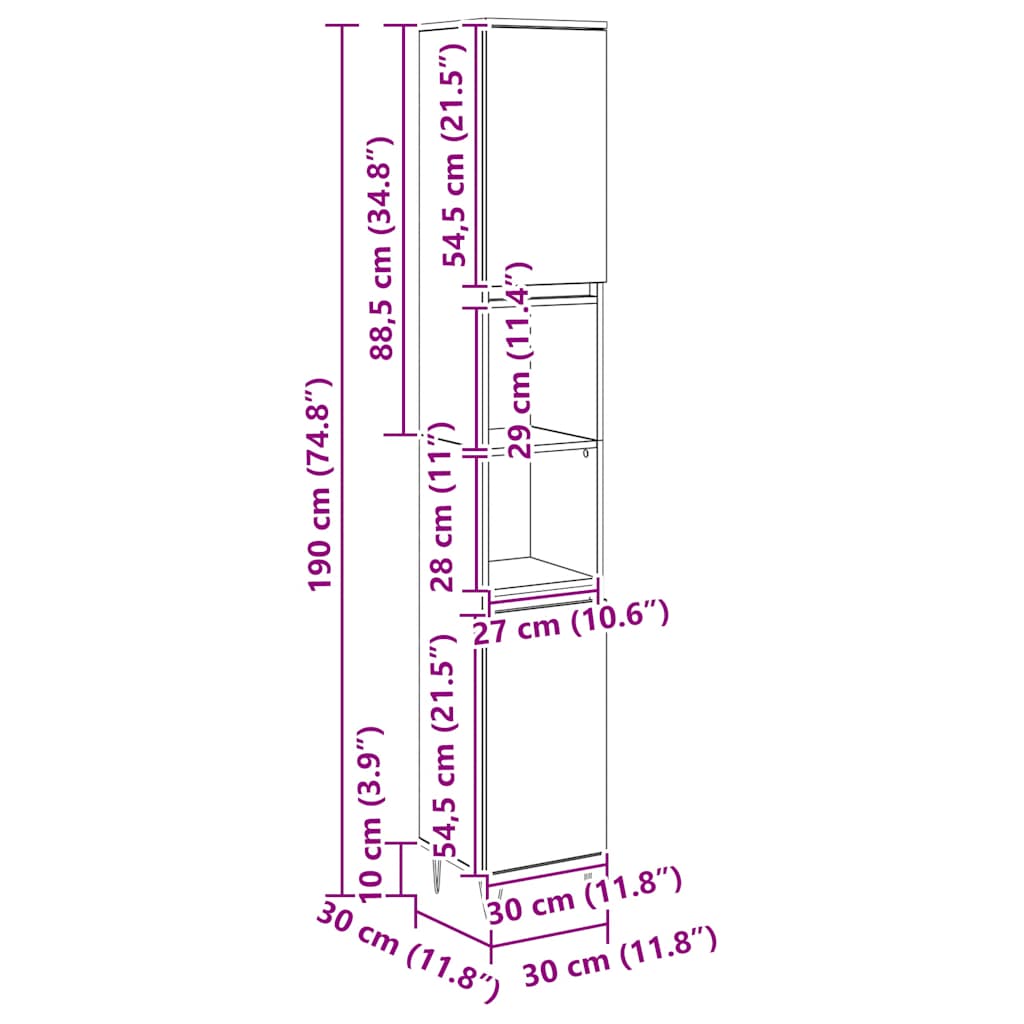 vidaXL Ντουλάπι μπάνιου Δρυς τεχνίτης 30x30x190 cm Κατασκευασμένο ξύλο
