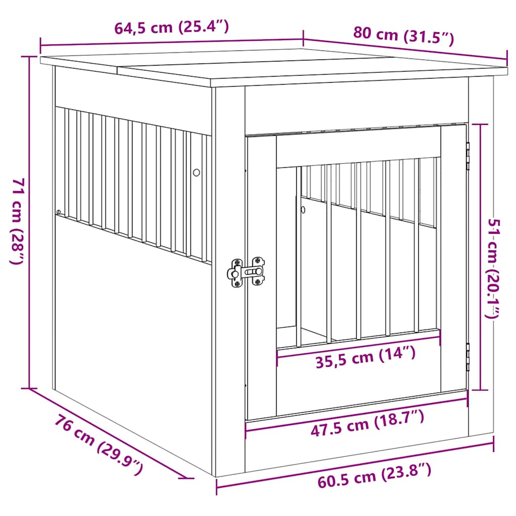 vidaXL Κλουβί Σκύλου Παλιό ξύλο 64,5 x 80 x 71 εκ. Επεξεργασμένο ξύλο