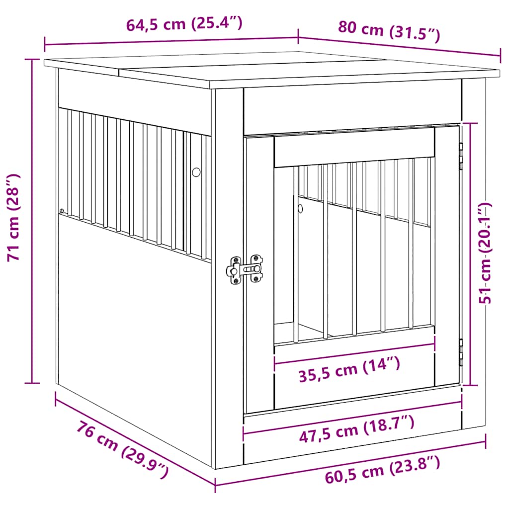 vidaXL Κλουβί Σκύλου τεχνίτης Δρυς 64,5 x 80 x 71 εκ από Επεξεργ. Ξύλο