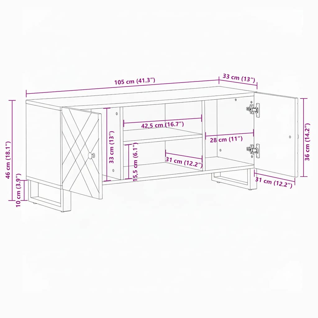 vidaXL Έπιπλο Τηλεόρασης Μαύρο 105 x 33 x 46 εκ. από Μασίφ Ξύλο Μάνγκο