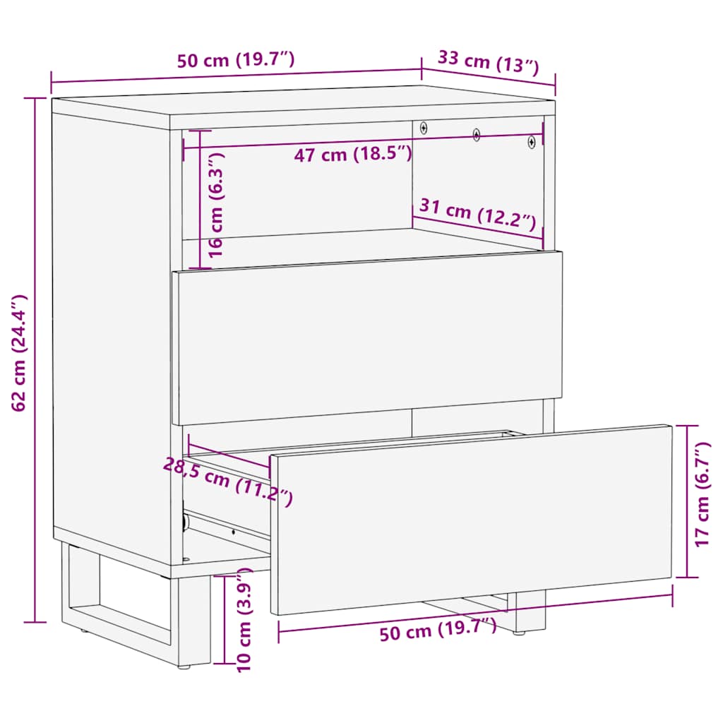 vidaXL Κομοδίνο μαύρο 50x33x62 cm μασίφ ξύλο Μάνγκο