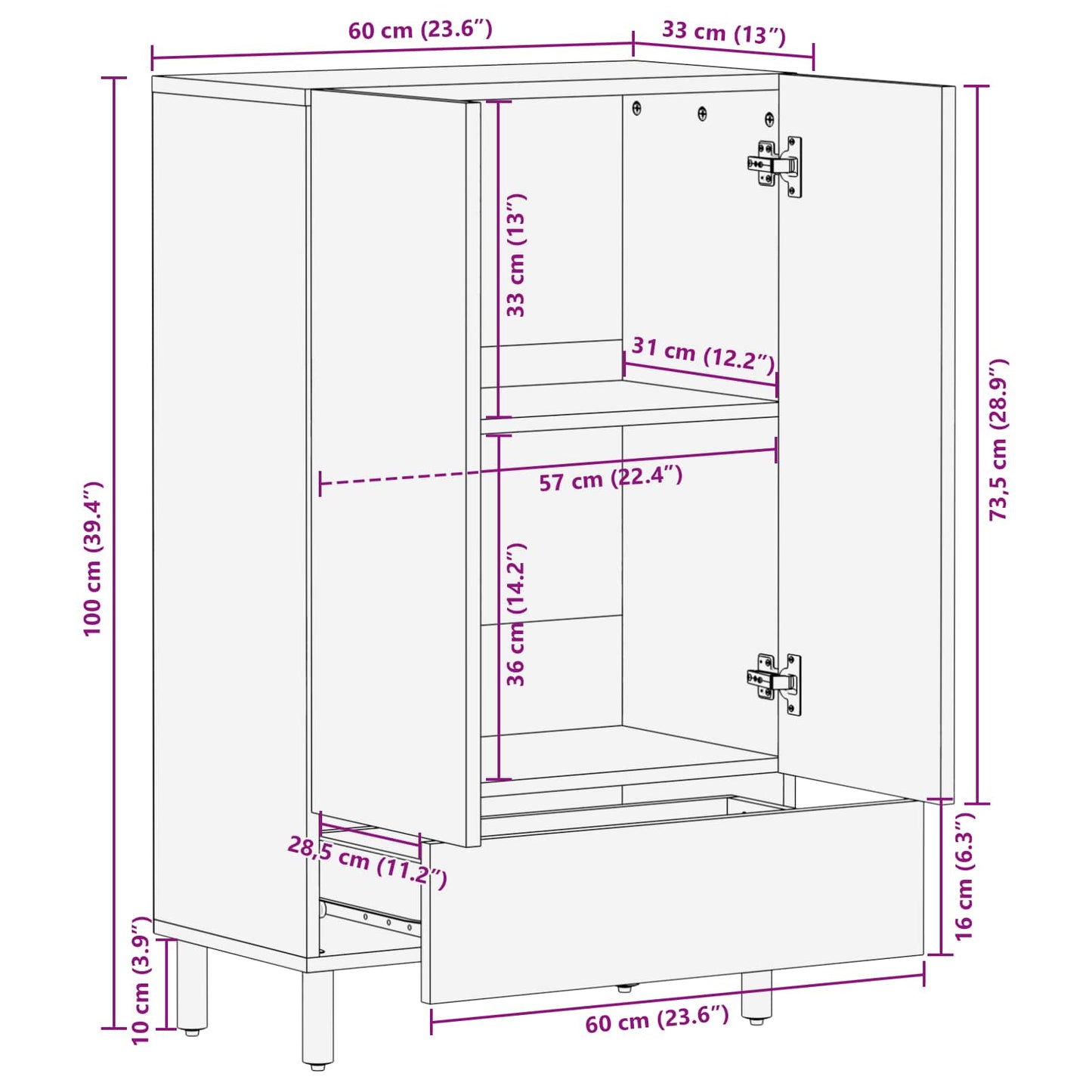 vidaXL Highboard με πόρτα Λευκό Φινίρισμα Καθαρισμού 60 x 33 x 100 εκ.