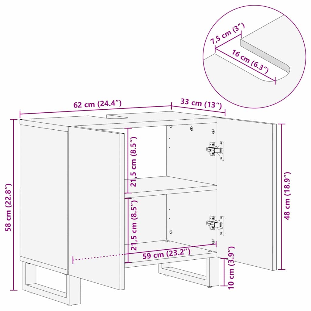 vidaXL Ντουλάπι Νεροχύτη Μπάνιου 62 x 33 x 58 εκ. – Στιβαρή κατασκευή από ξύλο μάνγκο.