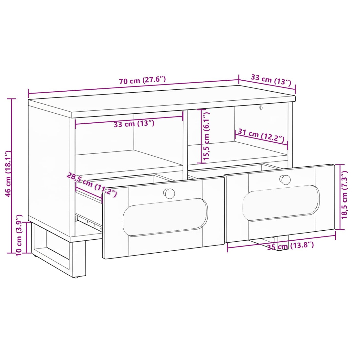 vidaXL Ντουλάπι TV με συρτάρι Καφέ 70 x 33 x 46 εκ Στερεό ξύλο μάνγκο