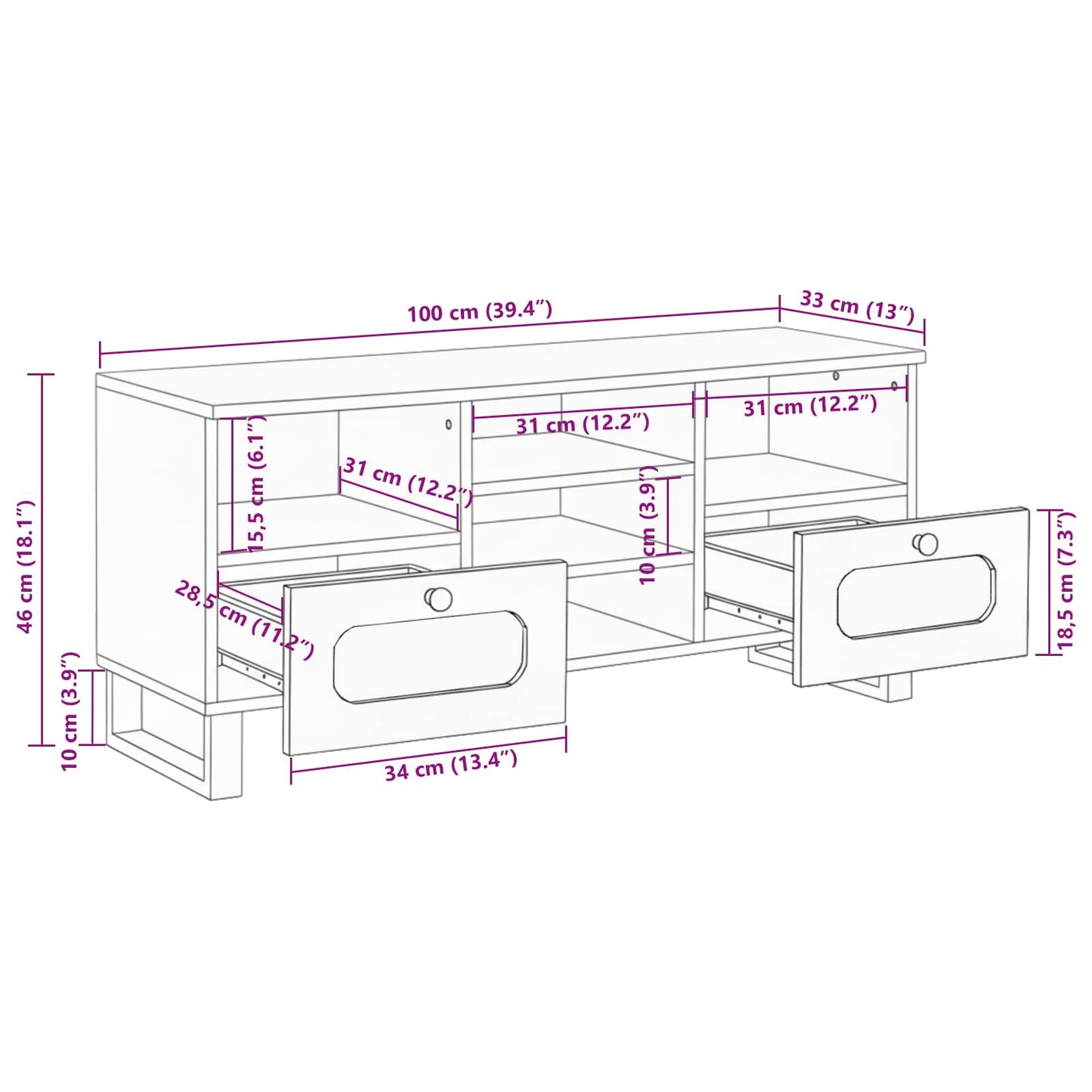 vidaXL Ντουλάπι TV με συρτάρι Καφέ 100 x 33 x 46 εκ Στερεό ξύλο μάνγκο