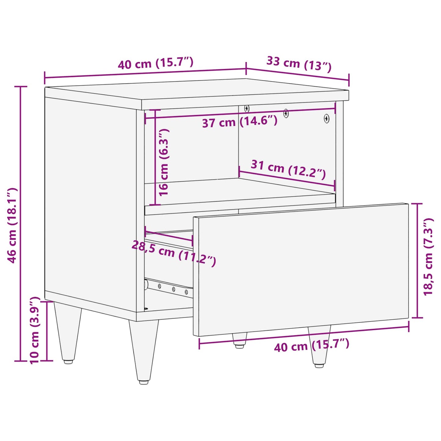 vidaXL Κομοδίνο με συρτάρι Καφέ 40 x 33 x 46 εκ. Στερεό ξύλο μάνγκο