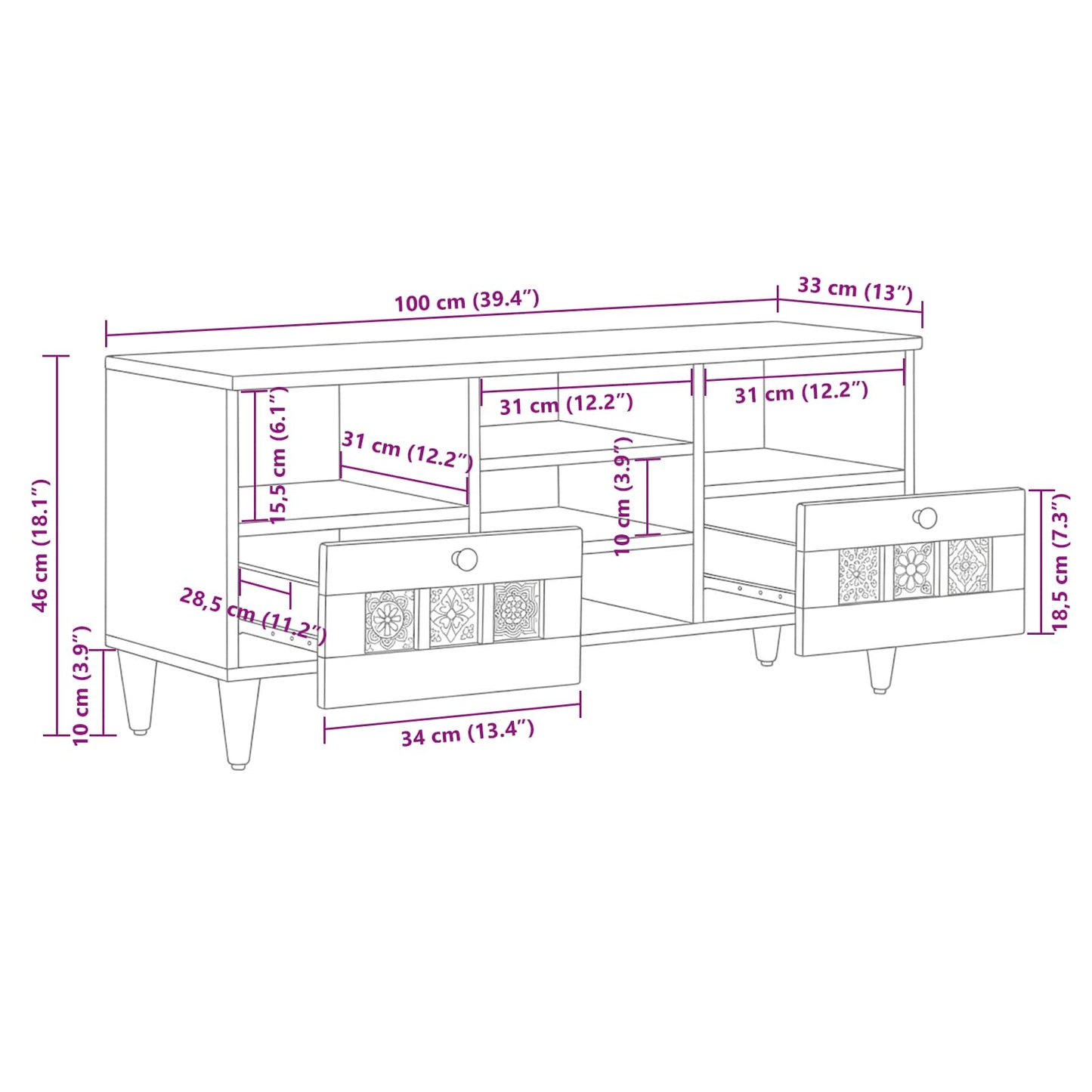 vidaXL Ντουλάπι TV με ράφι Φυσικό 100 x 33 x 46 εκ Στερεό ξύλο μάνγκο