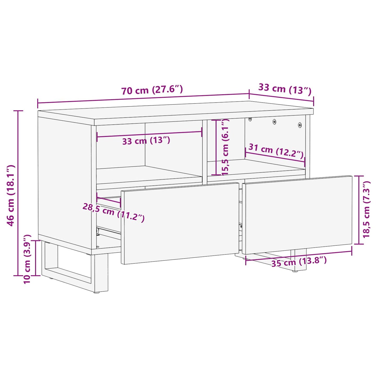 vidaXL Ντουλάπι TV Καφέ 70 x 33 x 46 εκ Στερεό ξύλο μάνγκο
