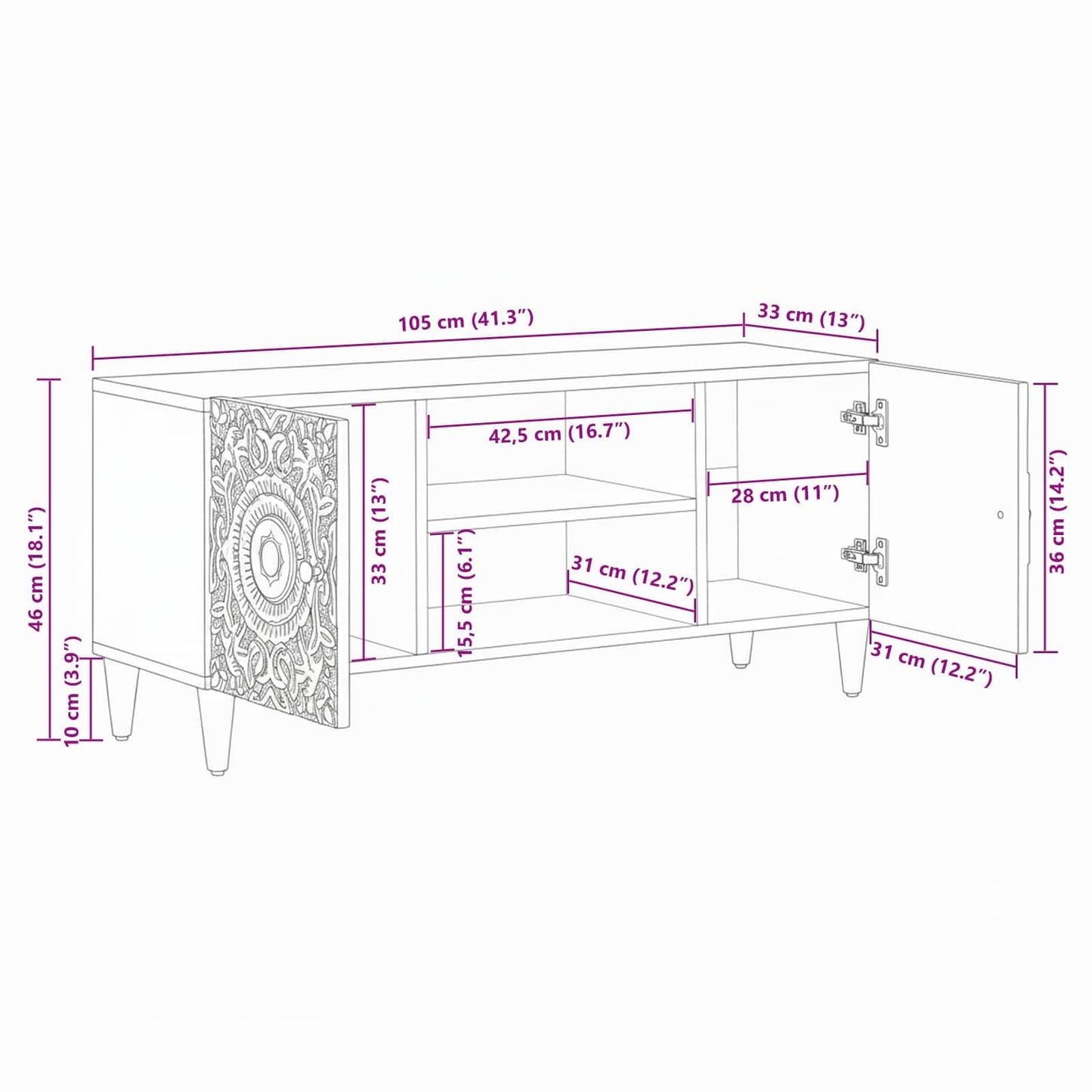 vidaXL Ντουλάπι TV Λευκό 105 x 33,5 x 46 εκ. Στερεό ξύλο μάνγκο